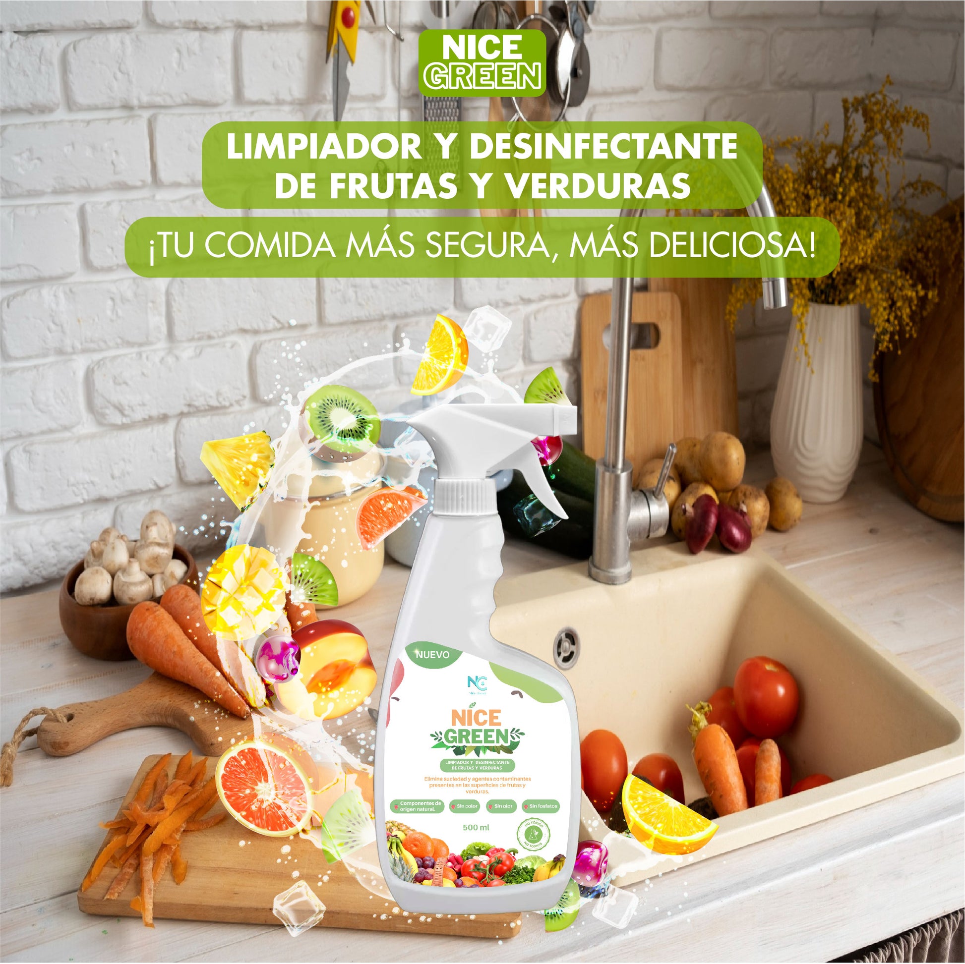 NICE GREEN, Limpiador y desinfectante de frutas y verduras – Nice